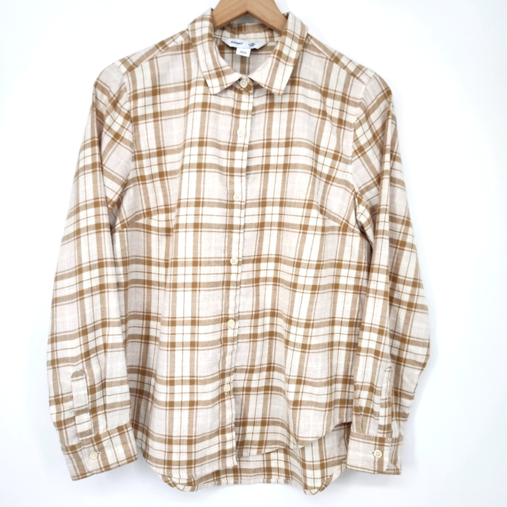 Old Navy Womens The Classic Shirt Size M Tan Ivory Plaid Button Neutral Western - Picture 1 of 7
